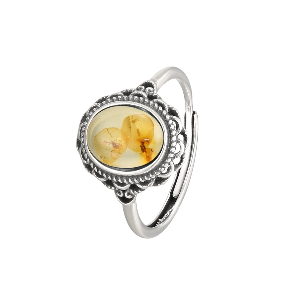 

Vintage 925 silver inlaid natural amber ring, luxurious high-end ladies' jewelry with adjustable size aristocratic birthday gift