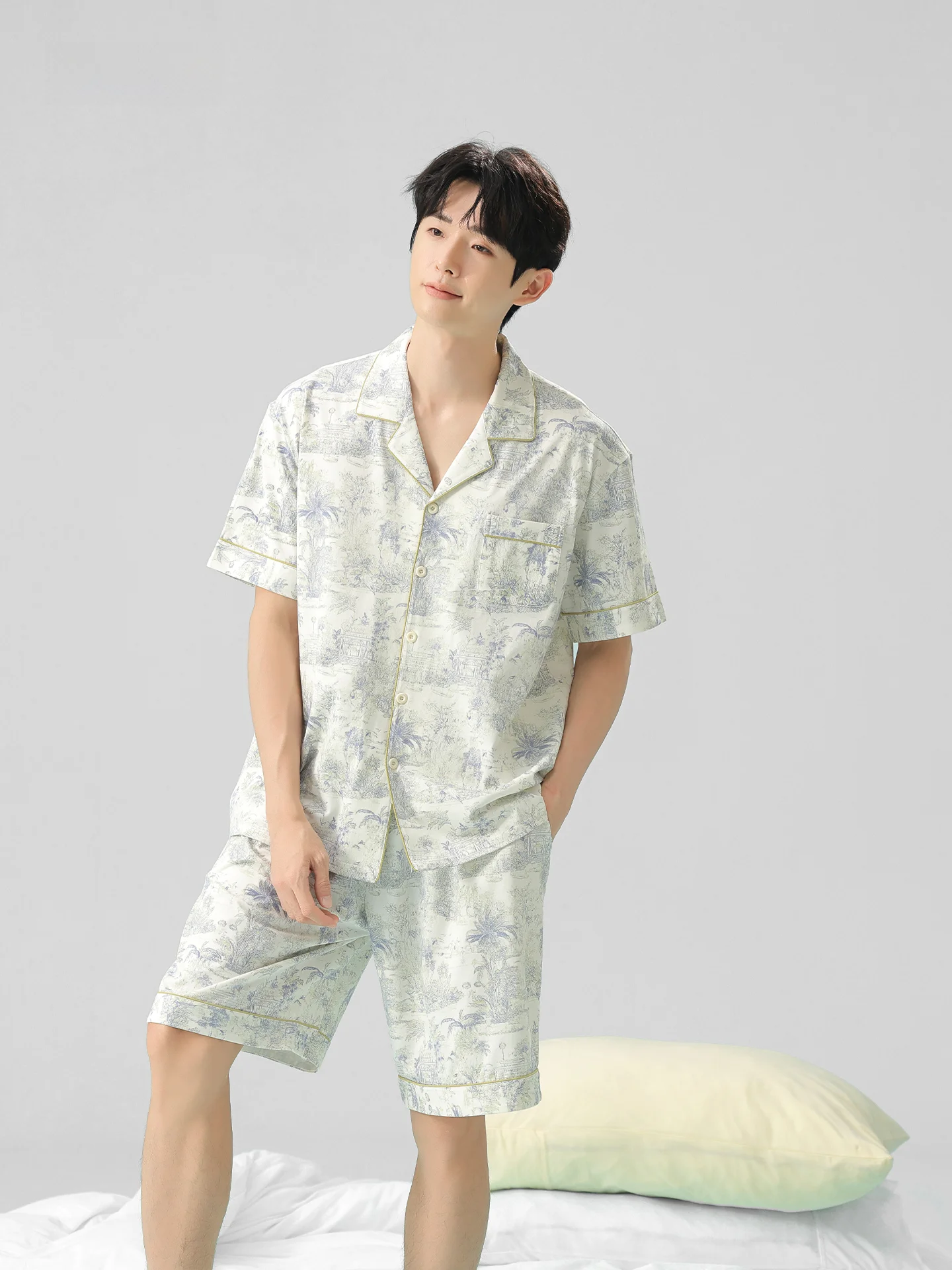 men's-summer-sleepwear-pure-cotton-thin-short-sleeve-pants-open-cardigan-home-clothes-water-media-painting-casual-style