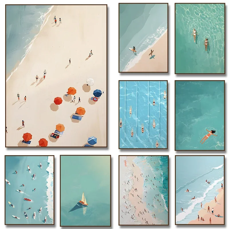 Póster Impreso en Lienzo con Diseño de Chica Nórdica en Verano, Piscina, Fiesta, Playa, Océano y Barco, Decoración para Sala