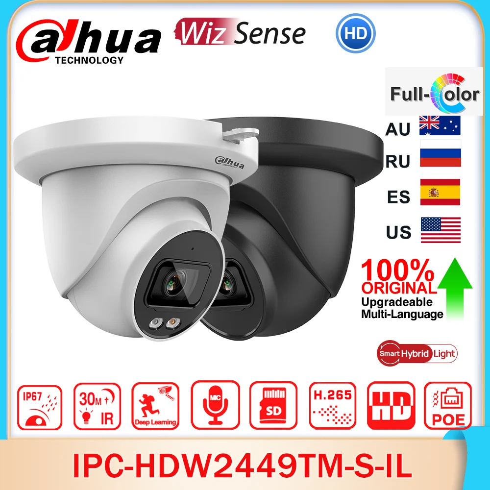 Dahua Original IPC-HDW2449TM-S-IL 4MP Smart Dual Light Eyeball WizSense Network IP Camera Full Color SD Slot POE IP67 SMD Plus