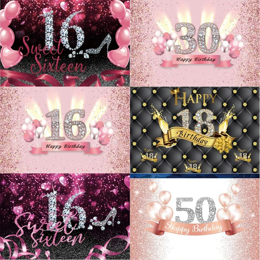 

Pink Photography Backdrop Happy 16th 18th 30th 40th Birthday Party Shiny Diamond Dots Balloons Banner Poster Photo Background