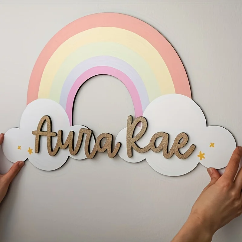 A personalized cloud rainbow text customized wall decoration, double-layer design name tag modern wall decoration, perfect custo image 5