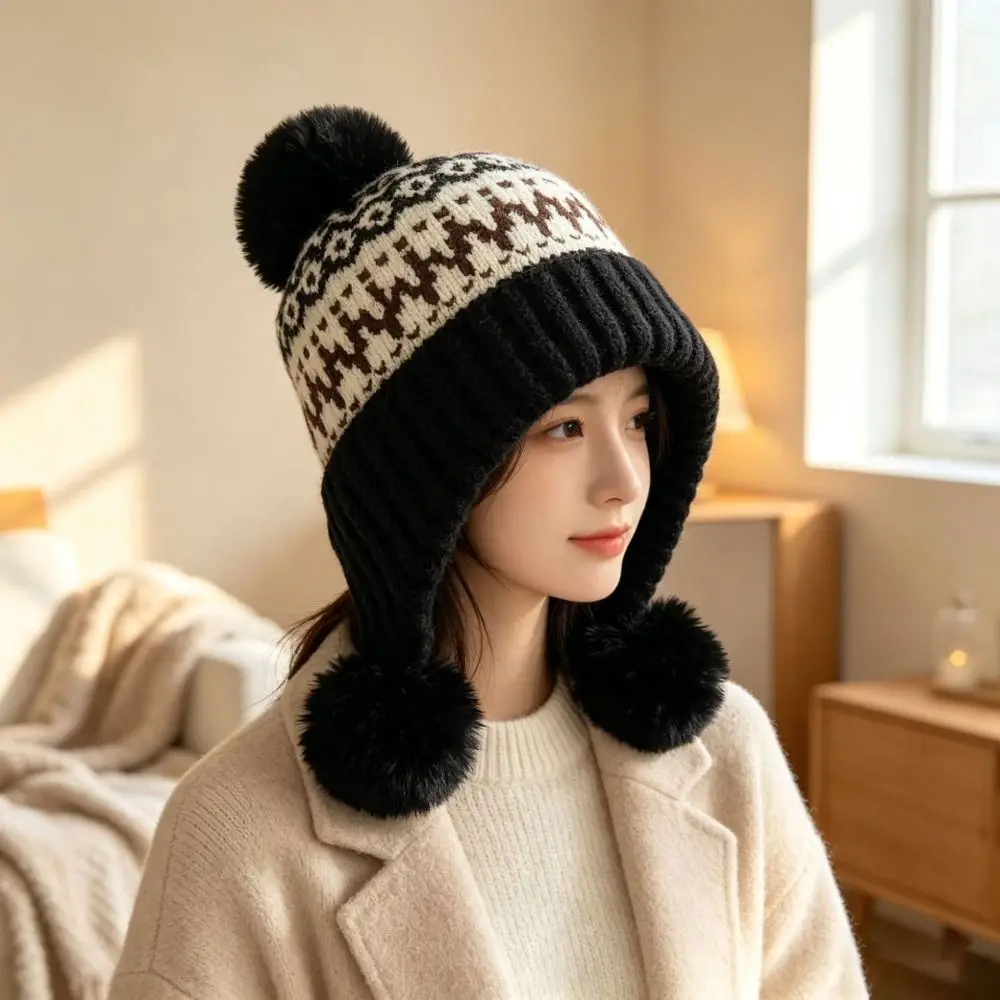 Polyester Material Ear Flap Knitted Hat with Pom Poms Face Slimming Design Thick Warm Beanie Ear Protection 52-58CM