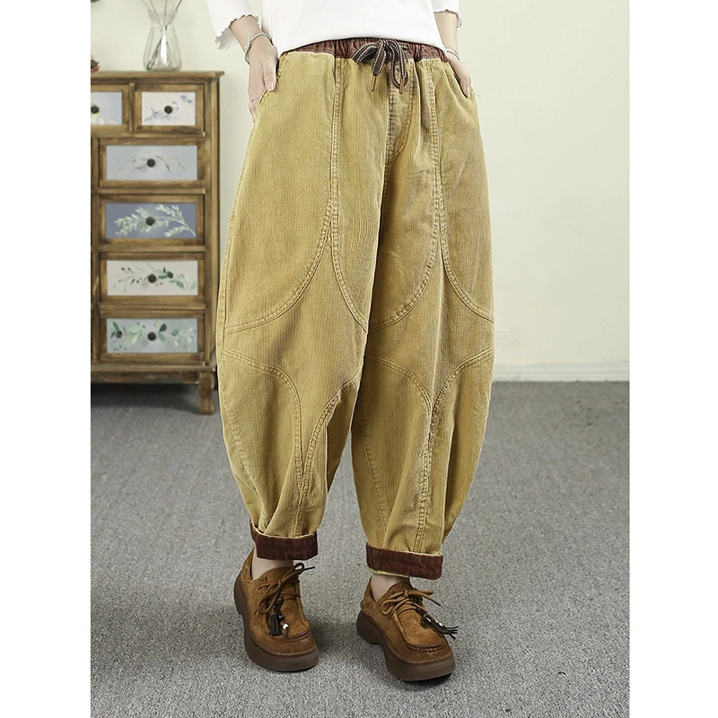 

Осень 25, Новое поступление, женские лоскутные винтажные брюки до щиколотки, повседневные свободные хлопковые вельветовые шаровары с эластичной резинкой на талии, Q136