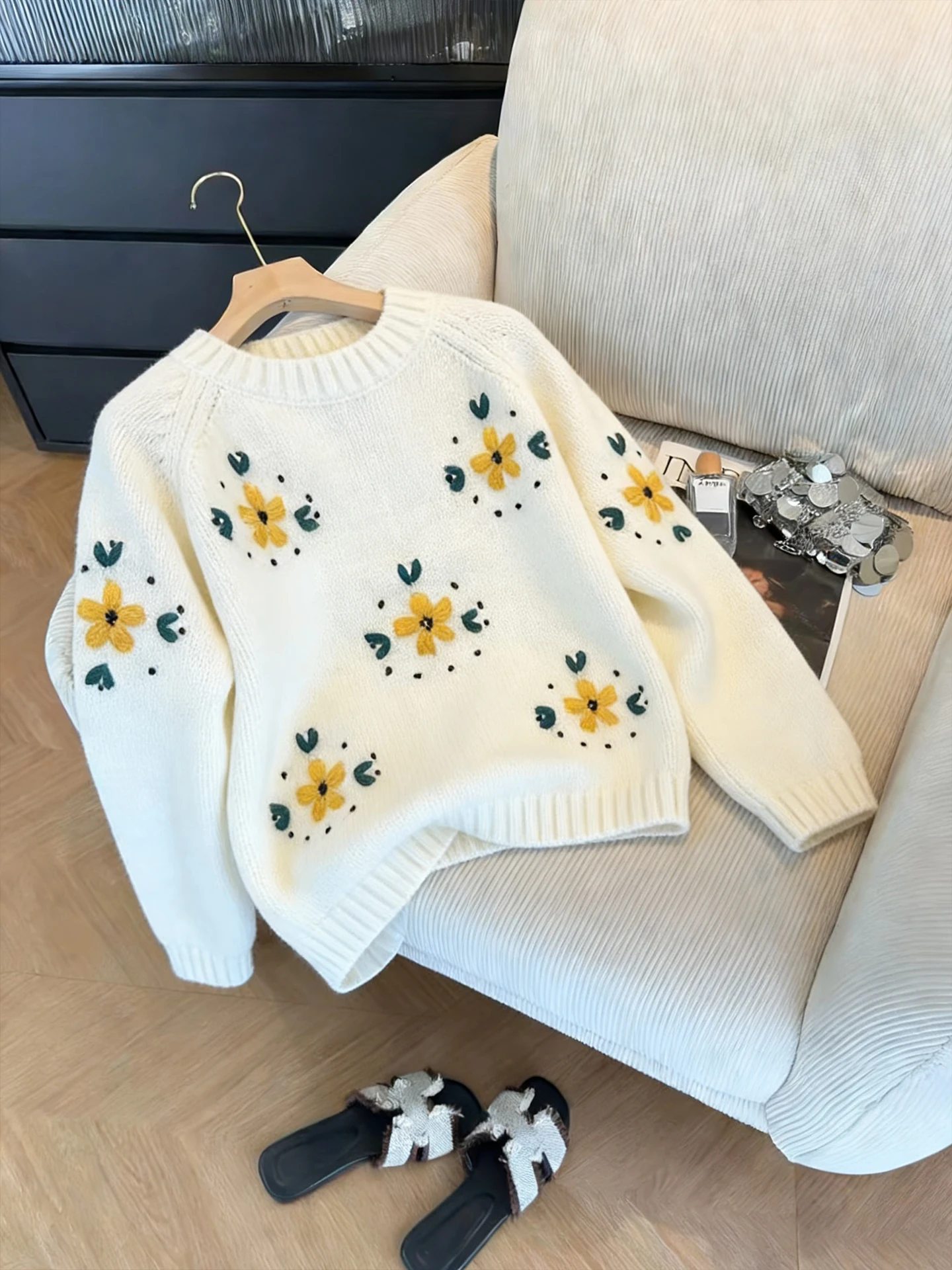 

American Heavyweight Floral Embroidery round Ne Pullover Sweater ex Spring Autumn Design Sweet Match Knitted irt