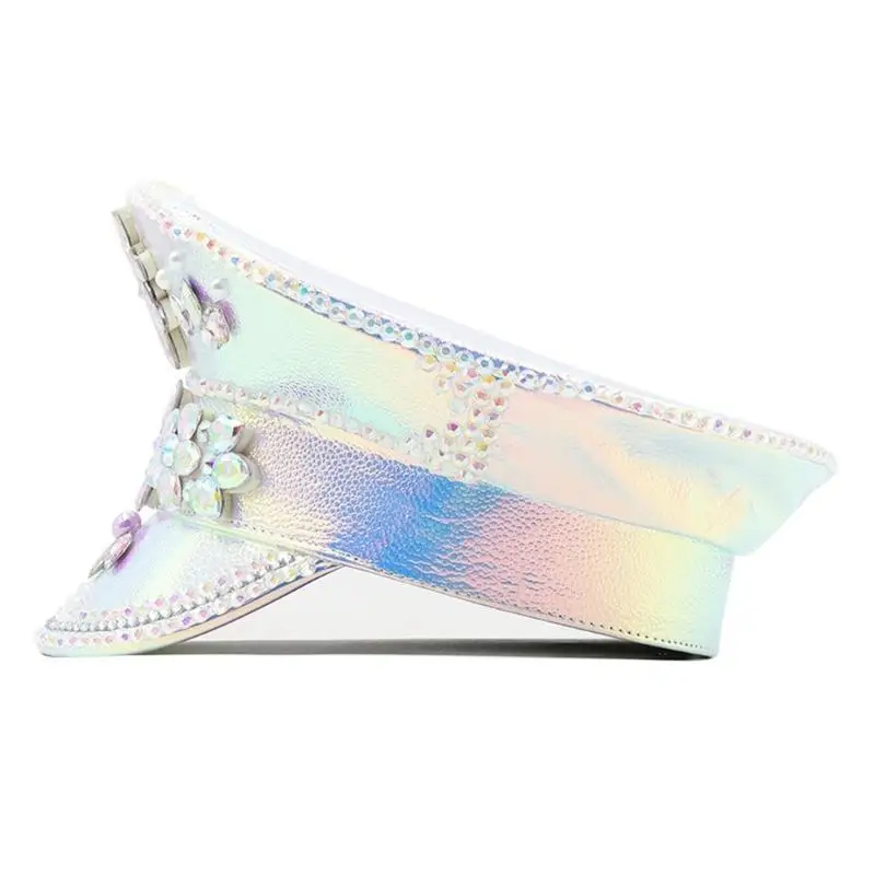 

652F Silver Captain Cap for Wedding Fashion Wide Brim Hat DanceParty Hat for Women Bride FedoraHat Cosplay PU Hat