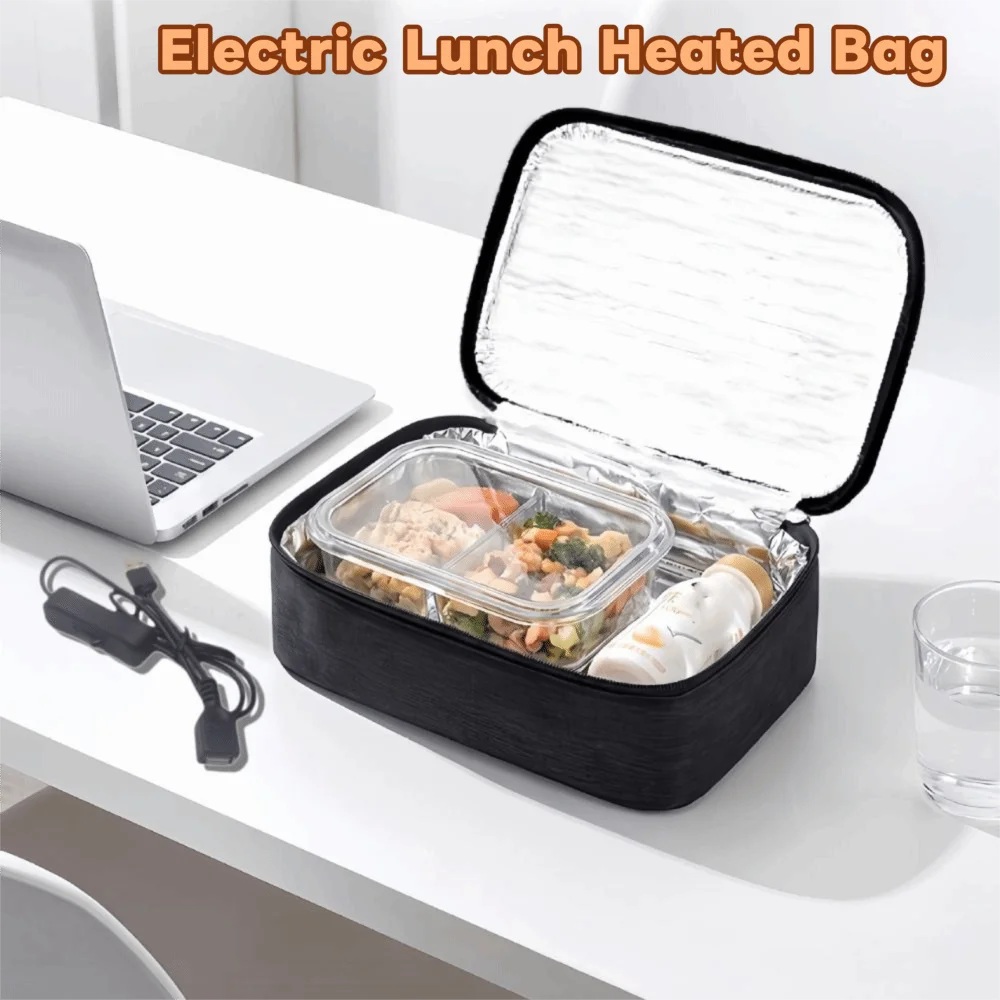 Waterproof Electric Lunch Heated Bag Aluminum Foil Lining USB Charging Lunch Box Warmer Packet Black Thickened