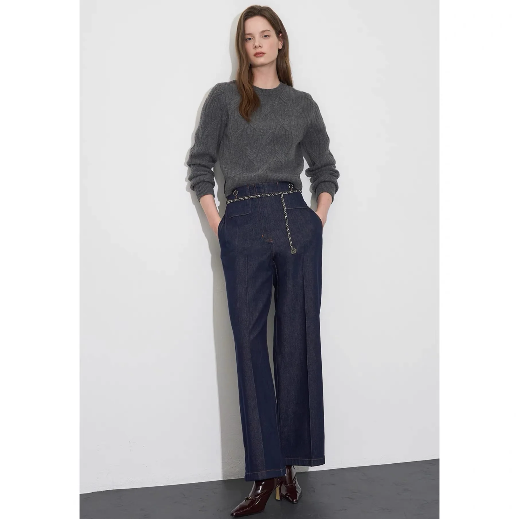 

Джинсы прямого кроя с высокой талией и подкладкой, женские повседневные джинсы на осень-зиму, модные универсальные джинсовые брюки с поясом-цепочкой