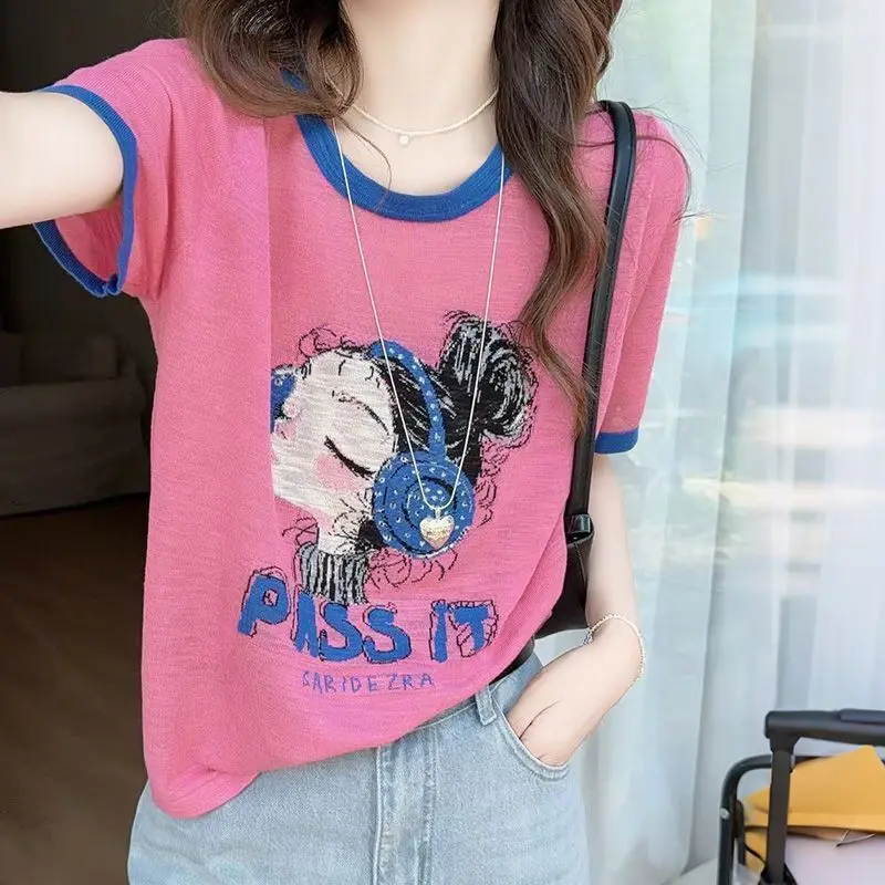 Cotton Short-sleeved T-shirt Women's Summer New Large Size Loose Thin Belly Cover Contrasting Color Printed Top Exquisite Simple