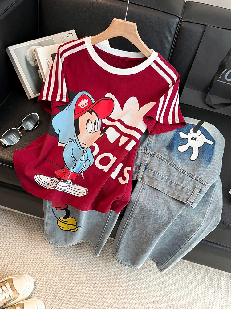 

Fashionable Cute Two-Piece Set Women's Summer Vibrant Anti-Aging Cartoon Short-Sleeve T-Shirt And Distressed Denim Jeans