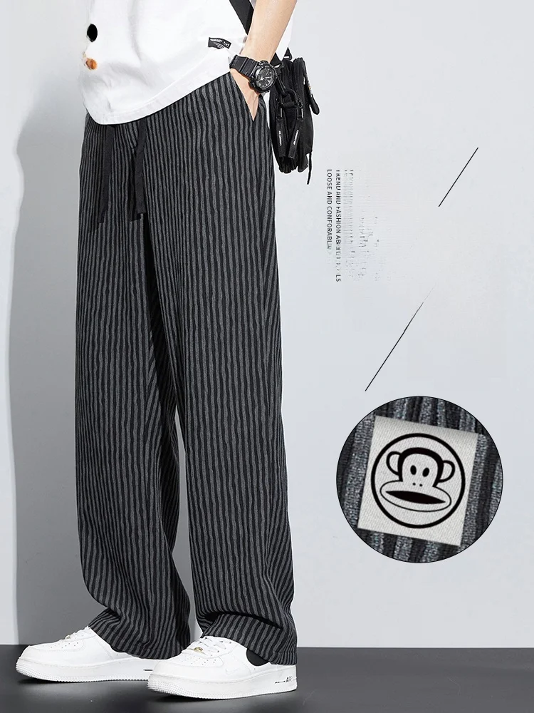 

PaulFrank Men's Casual Striped Loose Straight Leg Trousers Summer New Faion Brand Breathable Polyester Cotton Blend