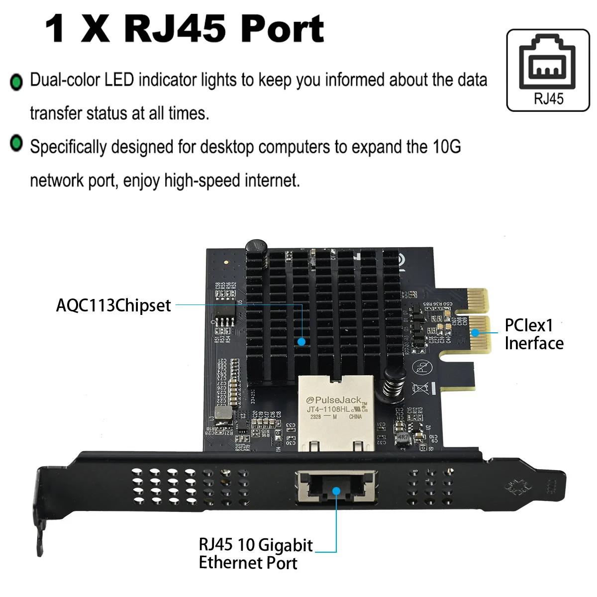 PCIe x1 to 10Gbps Single Port RJ45 Network Card AQC113 1G/2.5G/5G/10Gbps Support PXE Wired LAN Win10/11 Desktop