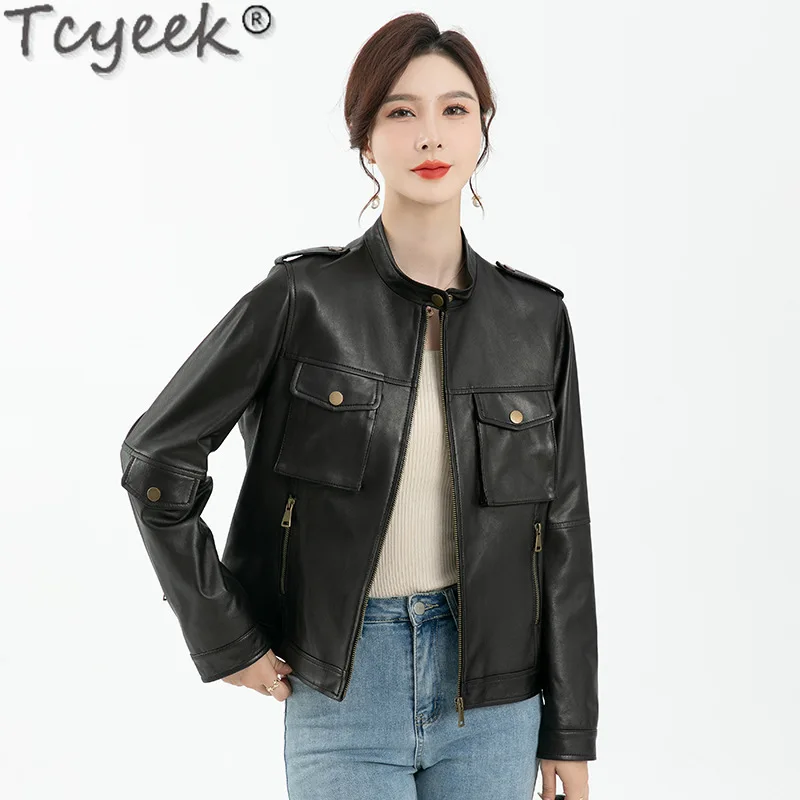 Tcyeek Veste en cuir véritable pour femme, peau de mouton véritable, noir, vêtements de printemps et d'automne, Combb 2024