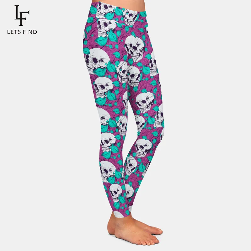 Letsfind alta quaility leite impressão de seda crânio e flores padrão feminino sexy leggings alta wiast macio leggings de fitness