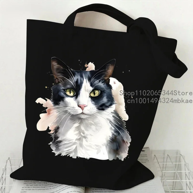 Funny Cow Cat Handbag Women Cartoon Aesthetics Kitten Design Shopping Bags Teen Cat Lover Reusable Tote Bag Female Shoulder Bag