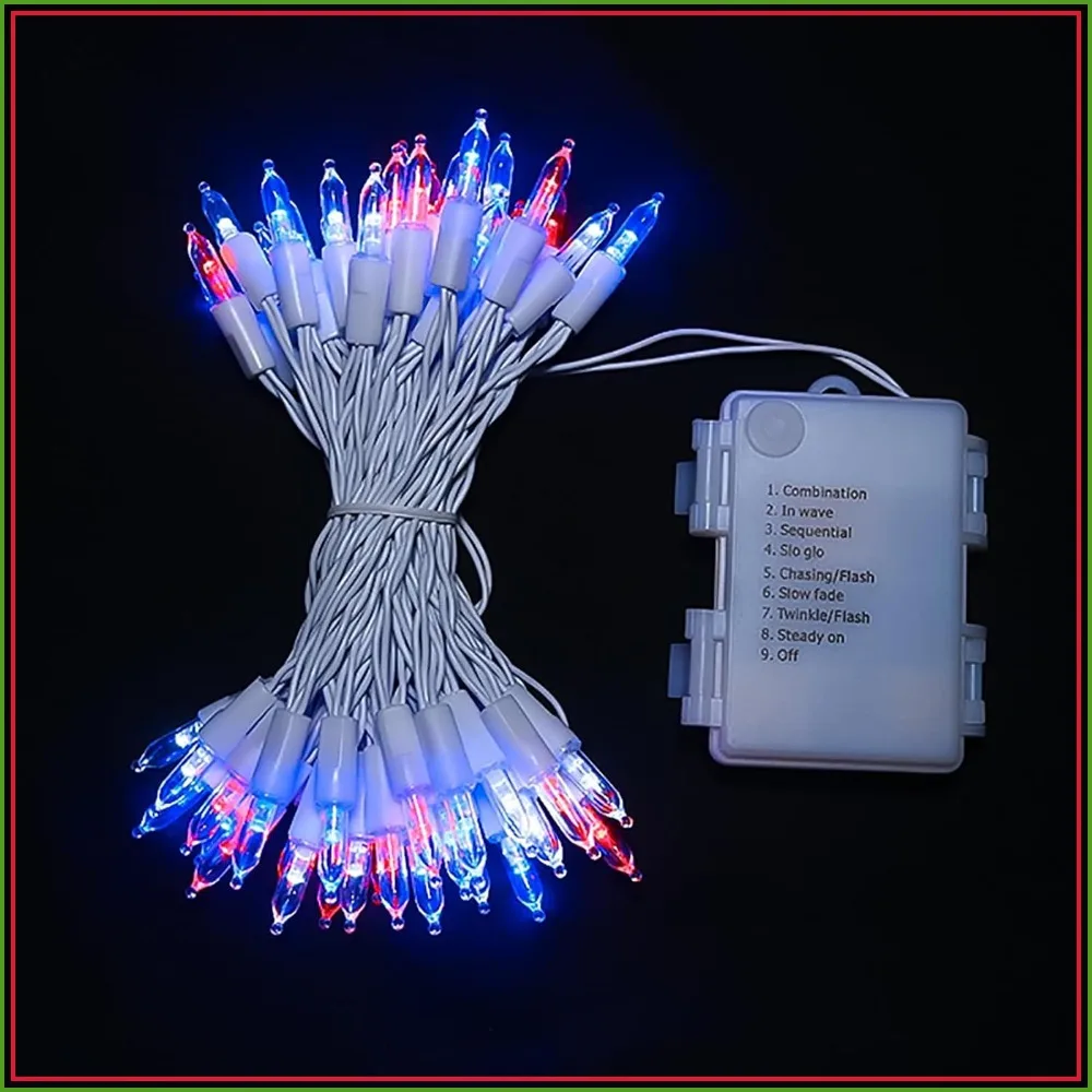 50 LED Patriotic String Lights, 16ft Red White Blue, 8 Modes, Battery Operated for Indoor/Outdoor Decor