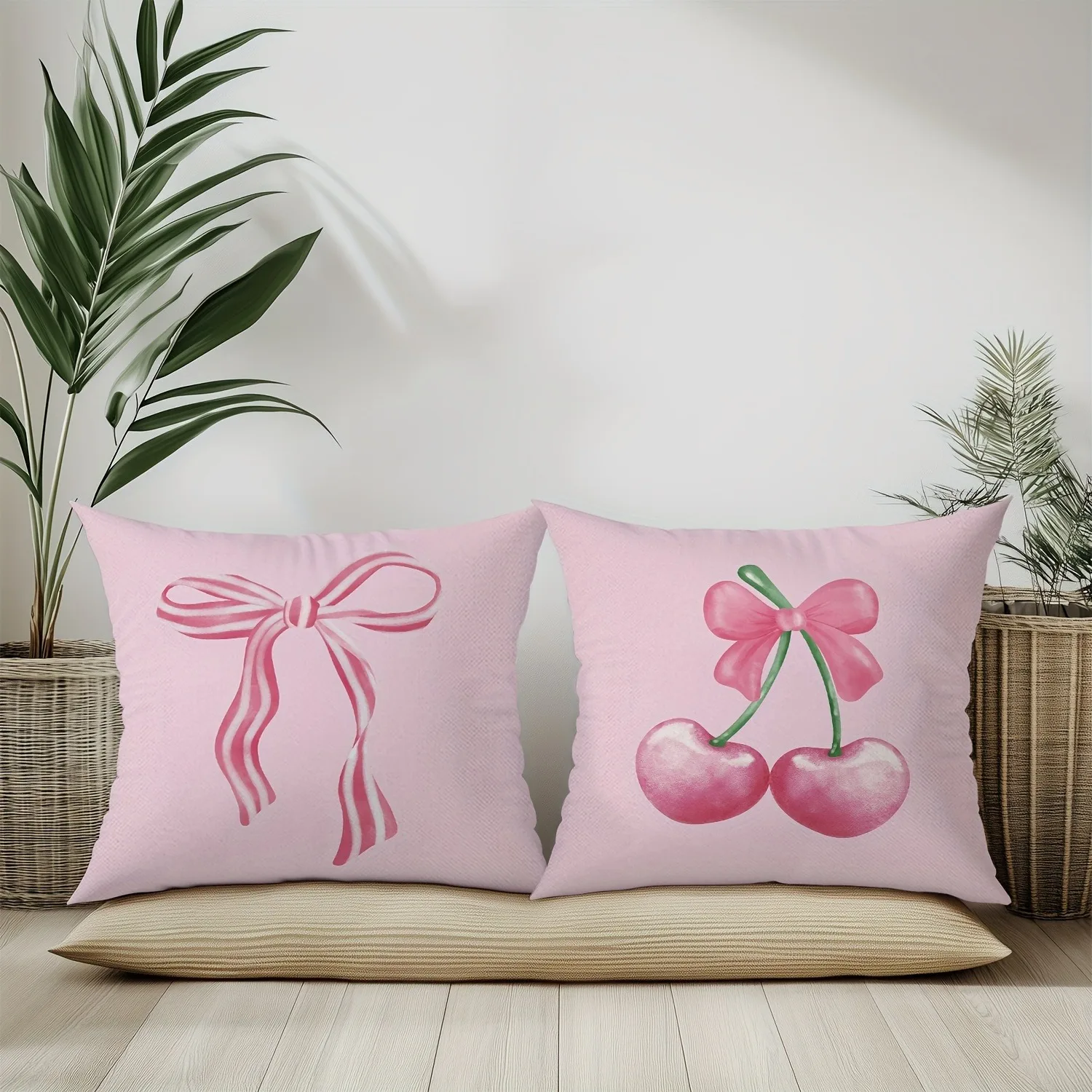 Pink Bow Cherry Pattern Printed Pillowcase Soft And Comfortable Sofa Cushion Cover Suitable For All Kinds Of Rooms And Places