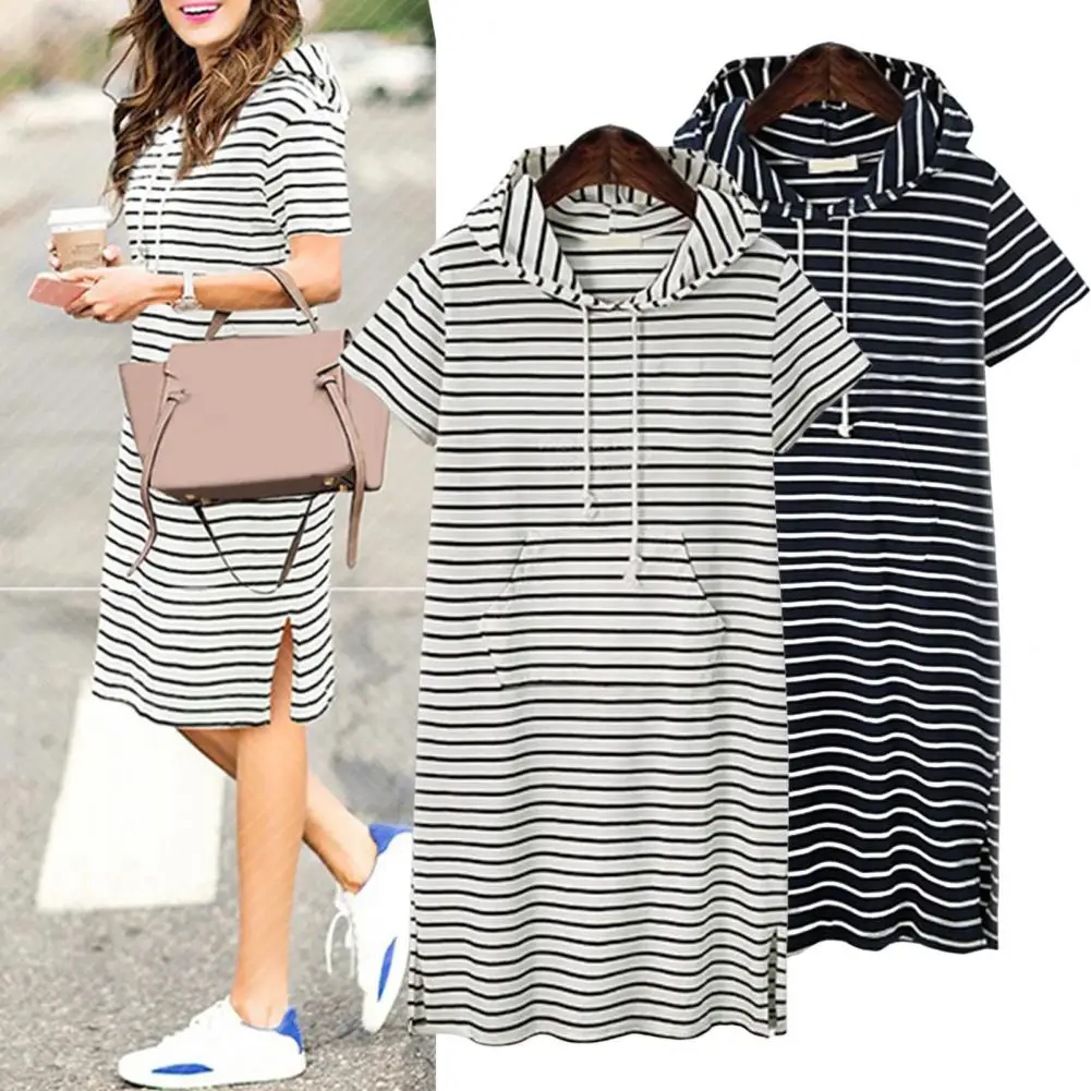 

Women Dress Hooded Drawstring Sports Style Short Sleeves Striped Plus Size Loose Fit Summer Casual Dress Vestidos Para Mujer 원피스