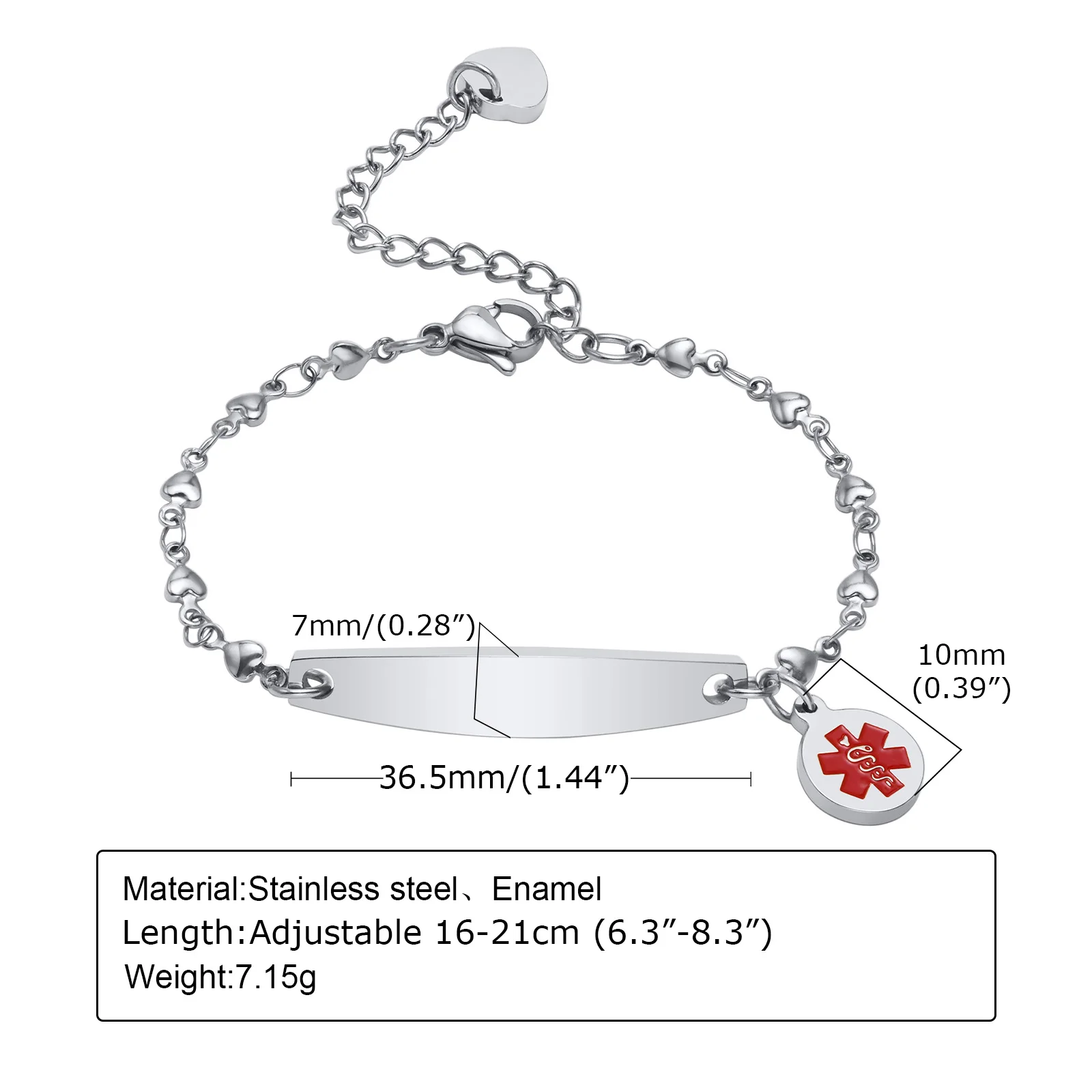 Custom Enamel Medical Alert ID Bangle Stainless Steel Rolo Chain Link Thin Bar Bracelet for Women Adjsutable 7.6\