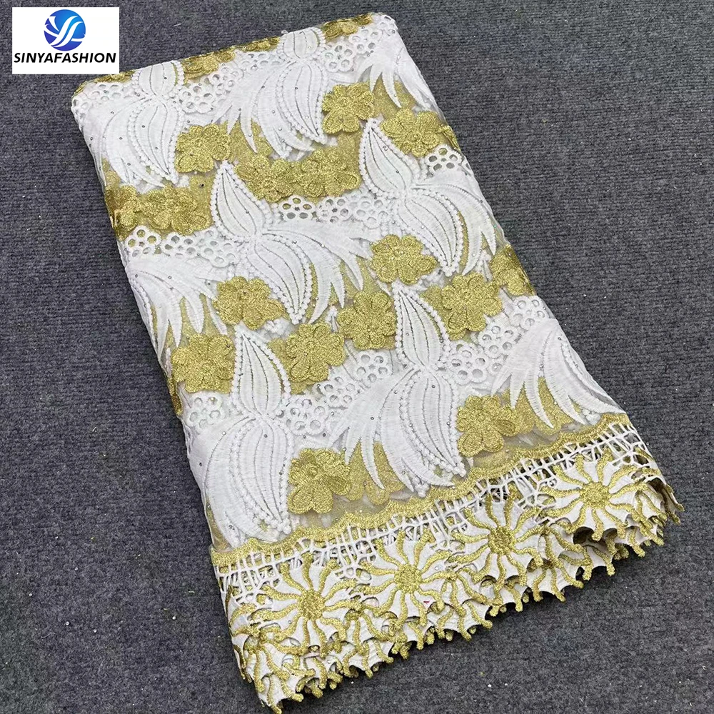 

Sinya White Gold African Lace Fabric 2023 Nigerian French Guipure Embroidery High Quality Cord Lace For Women Dress 5 Yards