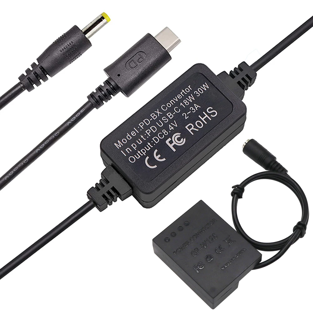 Konwerter USB-C PD + CP-W126 łącznik DC NP-W126 imitacja baterii dla Fujifilm X100F X100V X-Pro3 X-E3 X-A5 X-T3 X-T20 kamery X-T100