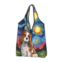 Custom Cavalier King Charles Spaniel Pet Portraits Art Shopping Bags Women Portable Big Capacity Groceries Dog Shopper Tote