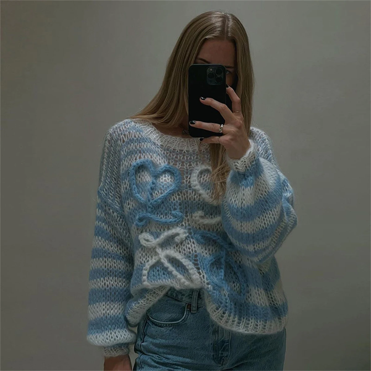 Women Fashion Colorful Striped Sweaters 2024 Autumn Winter O Neck Pullover Hollow Out Long Sleeve Loose Sweater Lady Streetwear