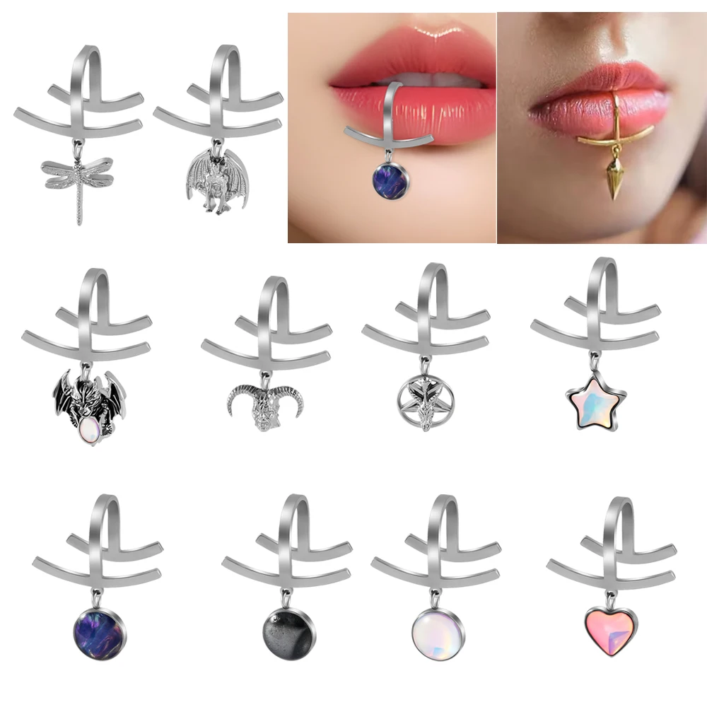 1/2/16PCs Surgical Steel Lip Rings Neutral Punk Lip-Shaped With Bat/Clown/Shell/Star Gradient Flash Pendant Non Pierced Lip Stud