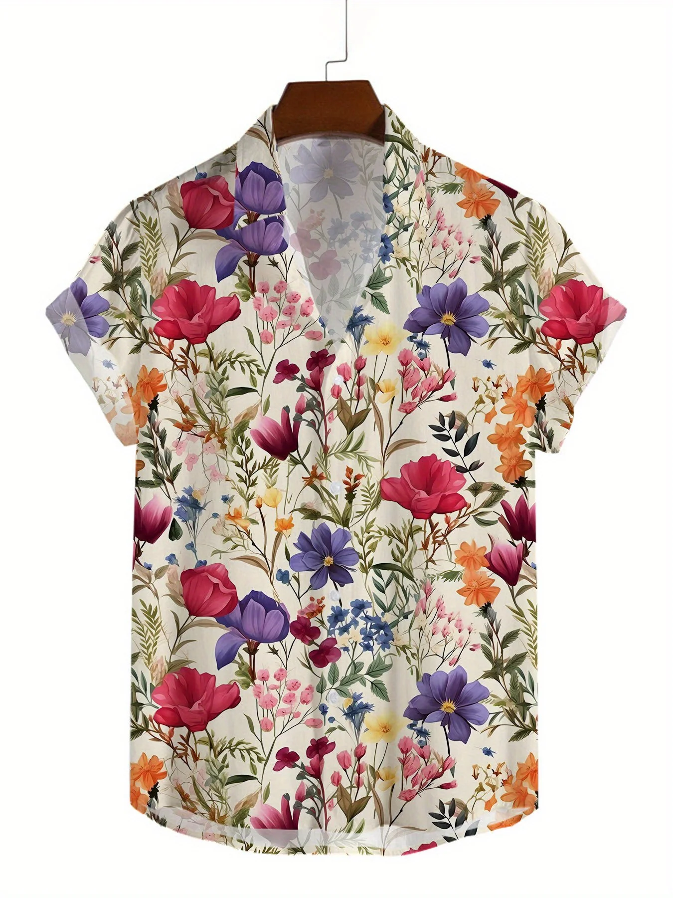 Men Cream Colorful Mixed Rose Watercolor Floral Print Short Sleeve Daily Shirt