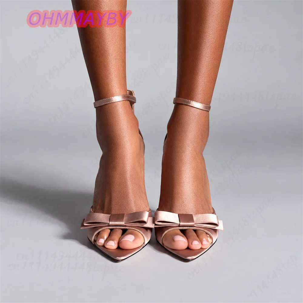 Women White Bow Pointed Toe Sandals Stiletto Heels Thin Ankle Strap Slingback Open Toe Satin Sexy Wedding Evening Bride Shoes 46 - view 5