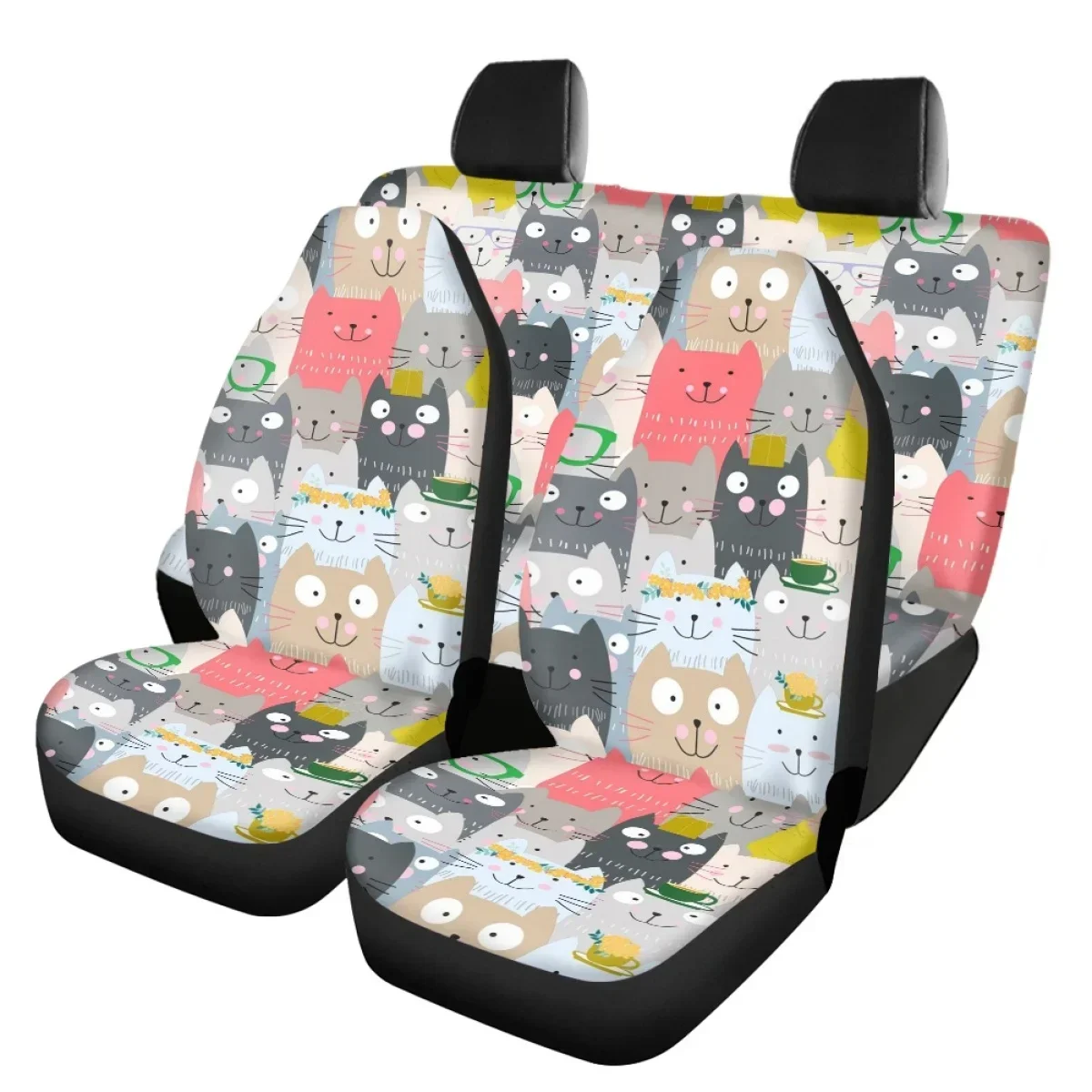 Kawaii Cat Pattern Car Front Back Seat Cover Set Vehicle Clean Protector Brand Design Soft Washable Fit for SUV Truck Vans Auto