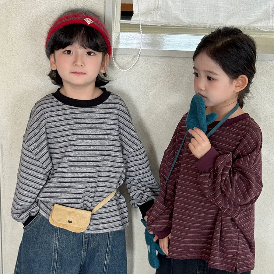 Bellbell 2026 Autumn Kids Boys Long Sleeves Round Collar Children Boys Velvet Striped Shirts Loose 2-8Yrs Baby Boys Basic Shirts