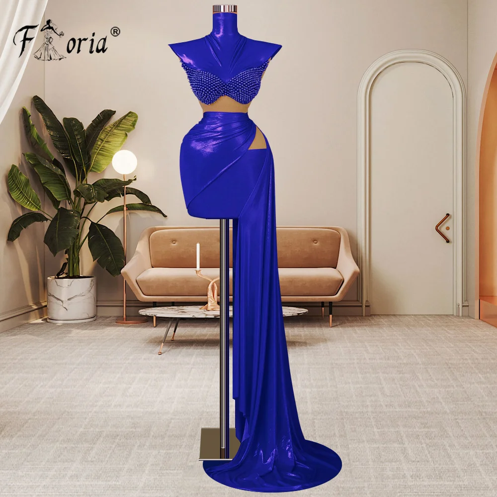 High Neck Cap Sleeve Metalic Fabric Pearls Short Cocktial Dress with Side Train Cut Out Waist Fashion Prom Dresses Graduation