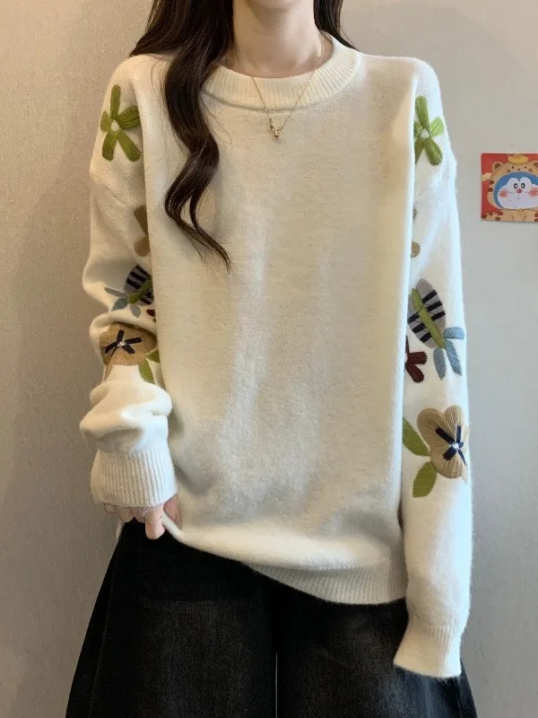 Prendas de punto bordadas coreanas para mujer, suéter holgado de talla grande para otoño e invierno, suéter adelgazante cómodo y largo