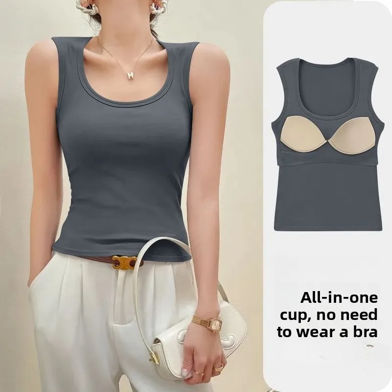 New Women's Exercise T-shirt with Built in Padded Bra Vest Slim Fit Tank Tops Sexy Shirts Feminino Casual Slimming Lingerie Tops