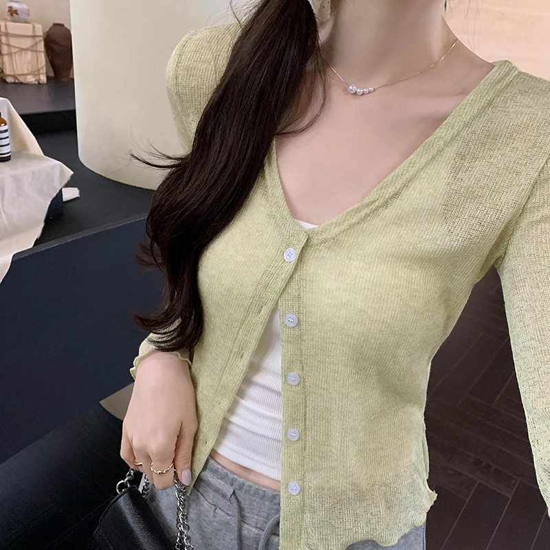 2024 New Knit Cardigan Women Sexy V Neck Long Sleeve Knitted Sweater Coat Korean Style Vintage Slim Cardigan