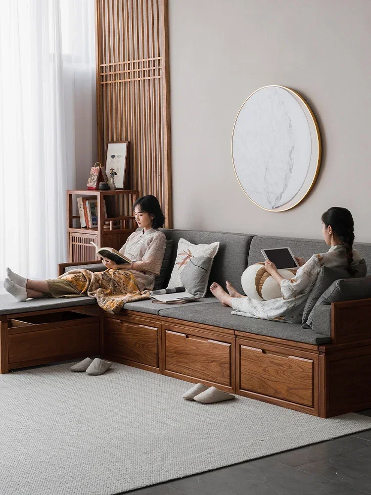 Sofá-cama push pull de madeira maciça, cama retrátil Zen do olmo, sofá-cama do armazenamento de canto