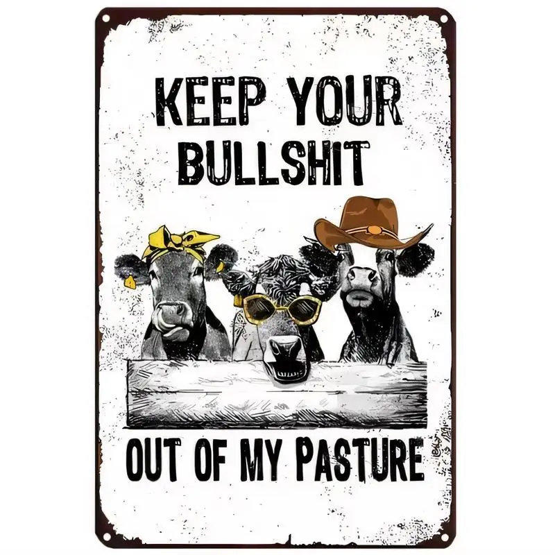 Vintage Metal Tin Sign with Funny Cows (Bandana, Sunglasses, Cowboy Hat) - Rustic Farmhouse Wall Decor, Iron Material, Retro Des