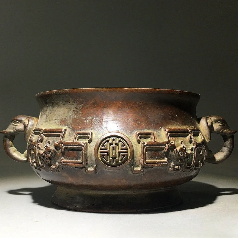 Old Red Copper Incense Burner Household Indoor Decorative Zen Sandalwood Carving Elephant Ear Incense Burner