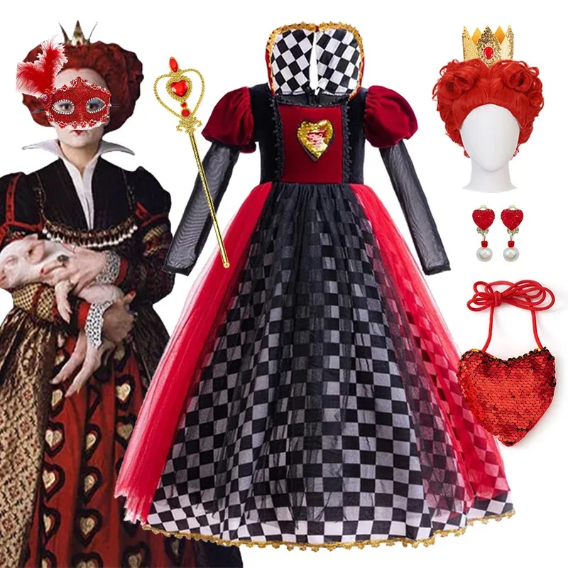 

Kids Red Queen Cosplay Dress Halloween Party Mother And Girl Family Matching Outfits Long Sleeve Sequin Princess Costume