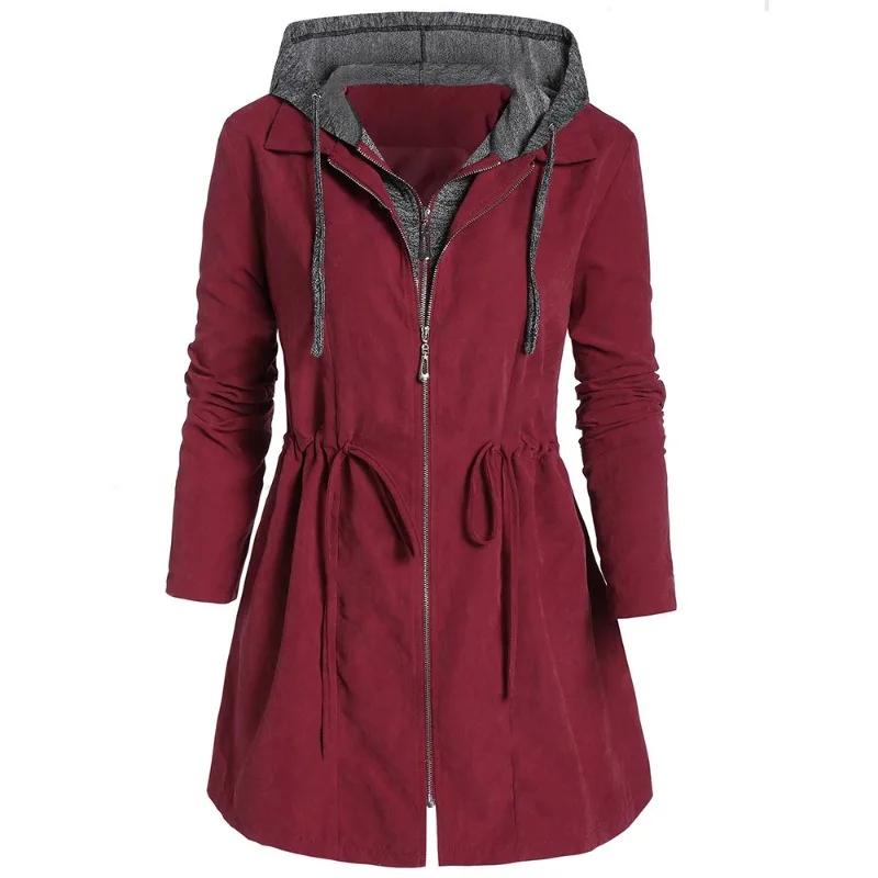 2025 Long Women's Autumn and Winter Coat Double-row Zipper Fake Two-piece Hooded Large-size Trench Coat Women's