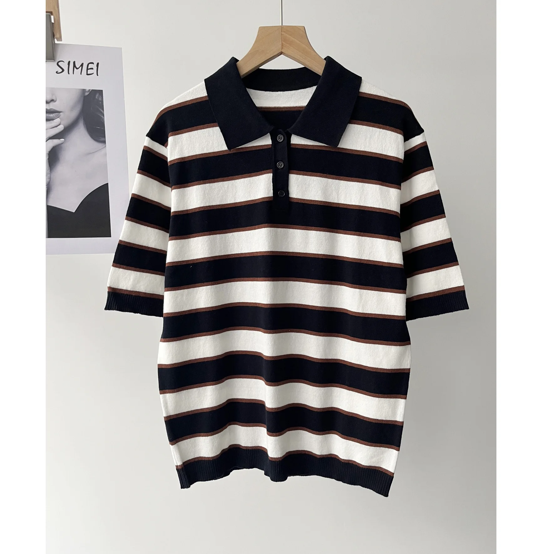 

Женская умная вязаная рубашка-поло с коротким рукавом в винтажном стиле, в полоску, из хлопка, для повседневной носки, весна 16a-2622