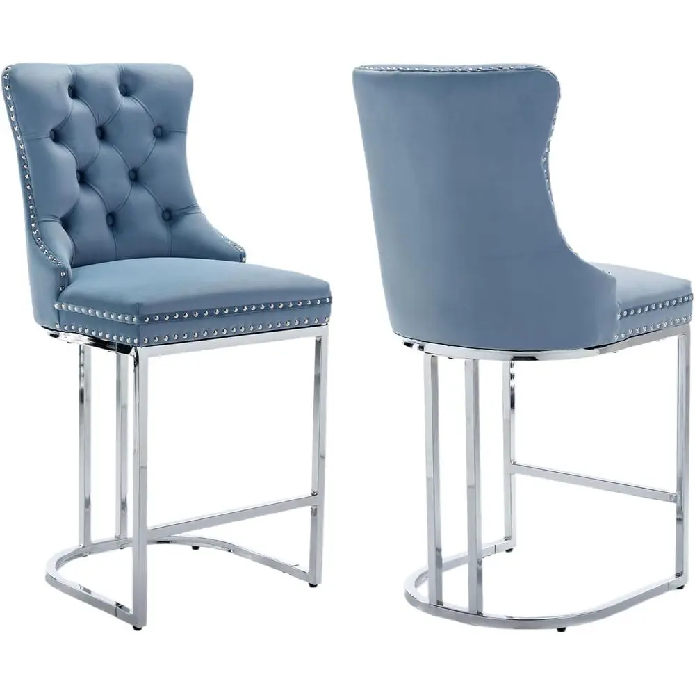 

Комплект из 2 барных стульев из велюра с хромированными ножками и стеганой спинкой, светло-голубые мягкие стулья для кухонного острова или барной стойки