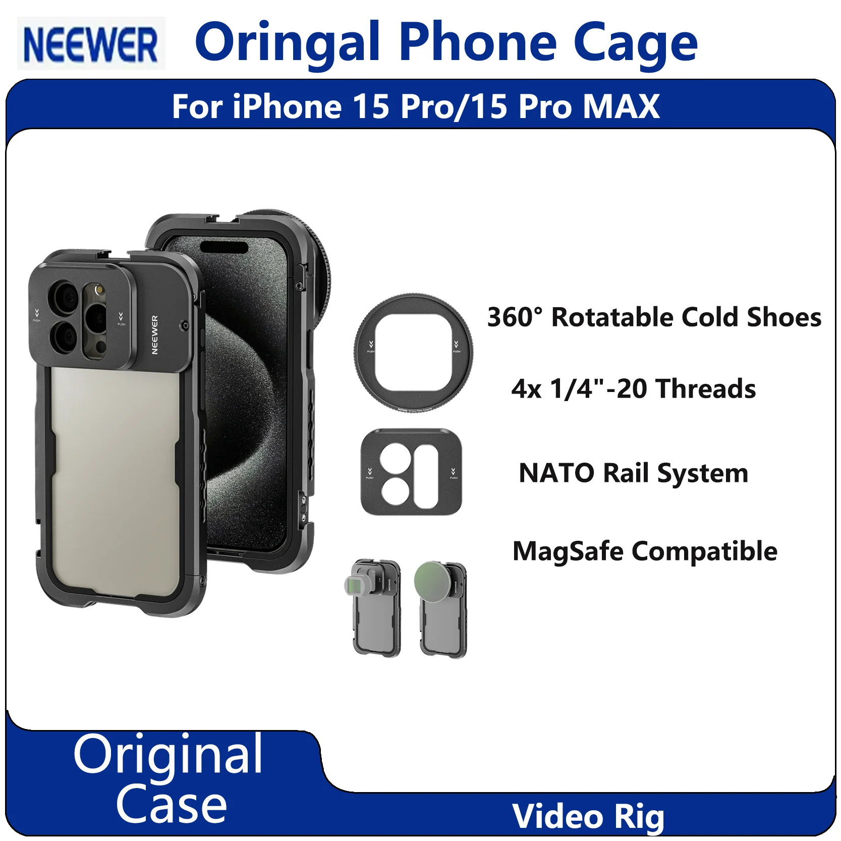 

Original NEEWER Phone Cage For iPhone 15 Pro/Pro Max with Dual NATO Rails & Quick-Release System for Professional Film