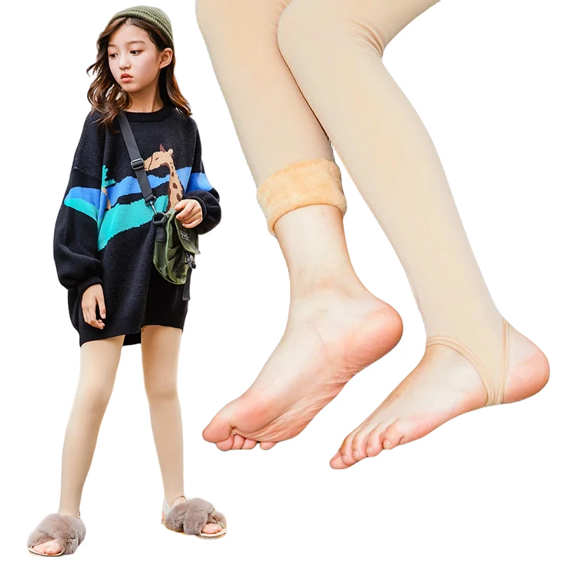 2024 Children Girl\'s Winter Bare Leg Leggings Fleece Lined Thermal Thick Warm Footless Tights Stirrup Natural Skin Color 4-16 Y