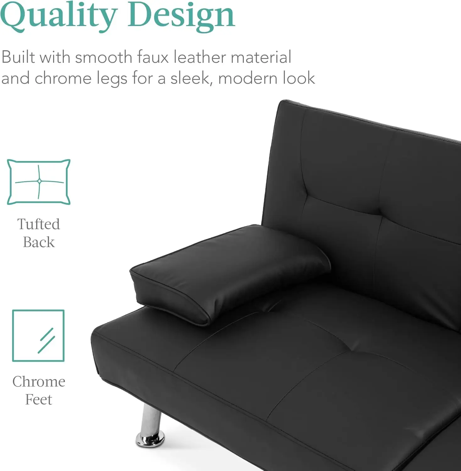 Choice Products Futon conversível moderno estofado em couro sintético, sofá-cama dobrável ajustável, cama de hóspedes com braço removível