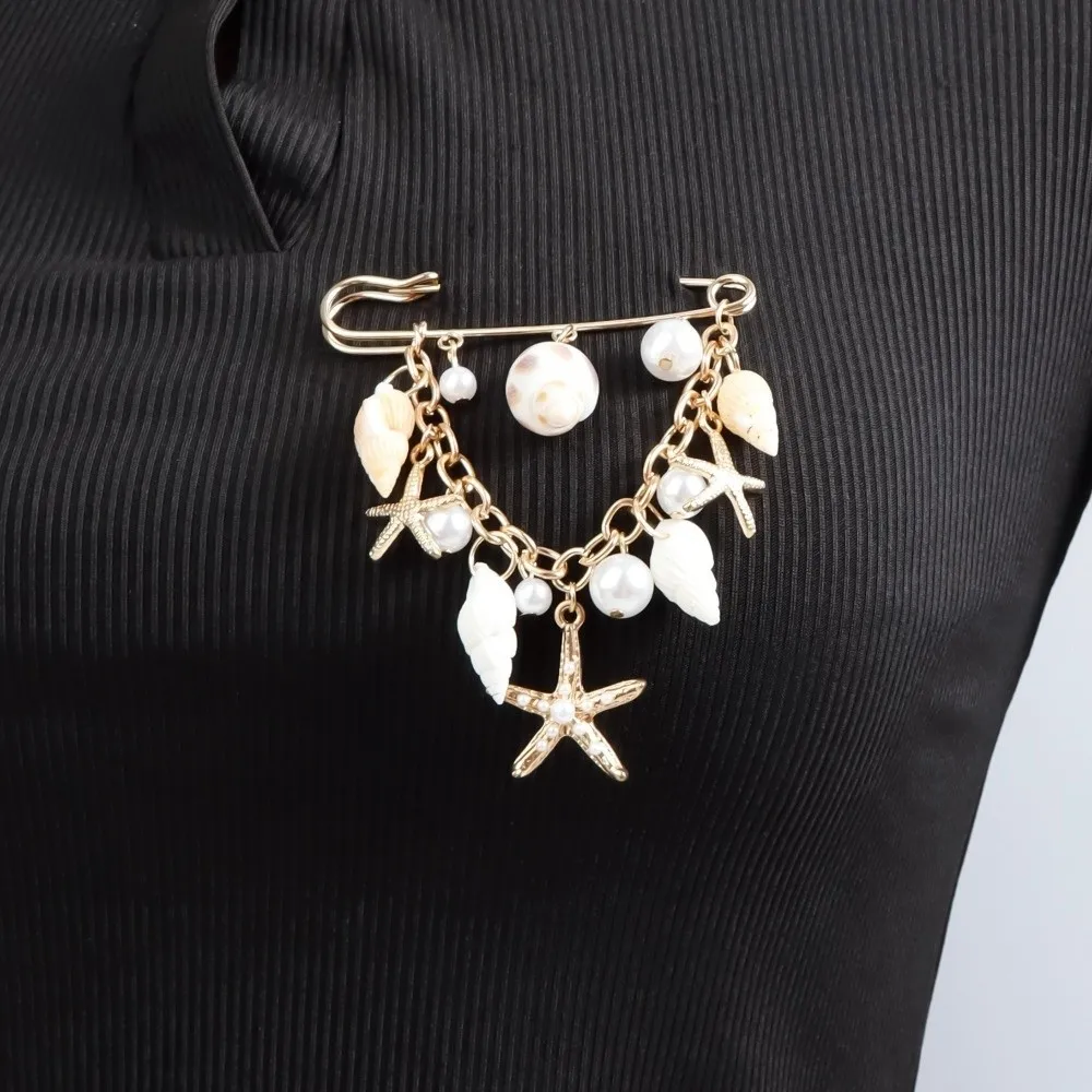 Trendy Pearl Shell Lady's Brooch Fixed Anti Exposure Tassel Chain Brooch Alloy Versatile Bead Tassel Pin for Women