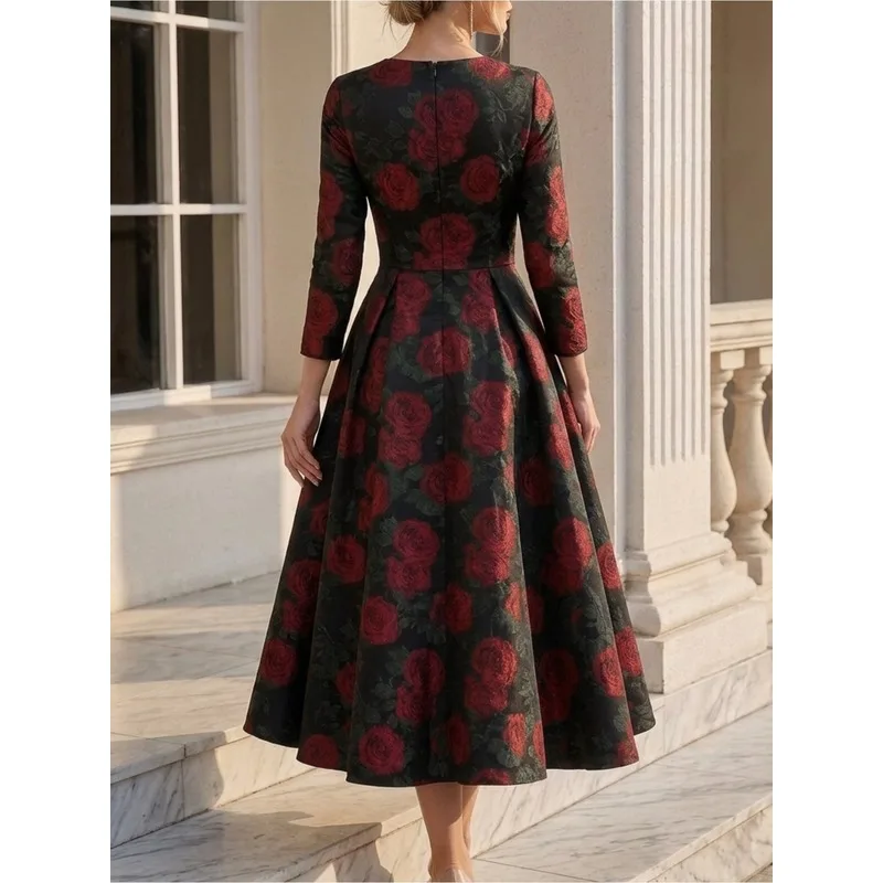 Round Neck Three Quarter Sleeve Women High Waist Flared Midi Skirt With Side Pockets Elegant Vintage Dress | Classic Retro