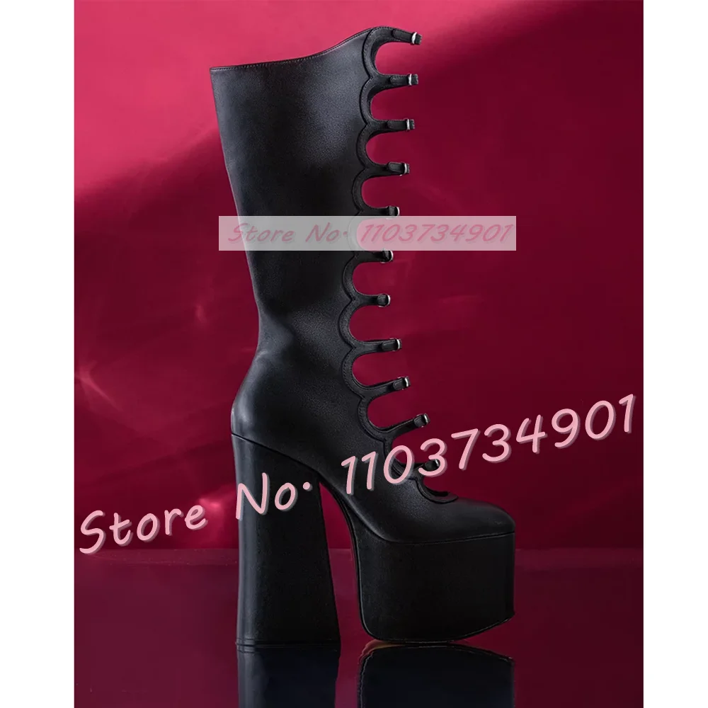 Pink Satin Platform Strappy Buckle Strap Mid Calf Boots Ladies Round Toe Slim Chunky High Heel Sexy Women Shoes Trendy Boots