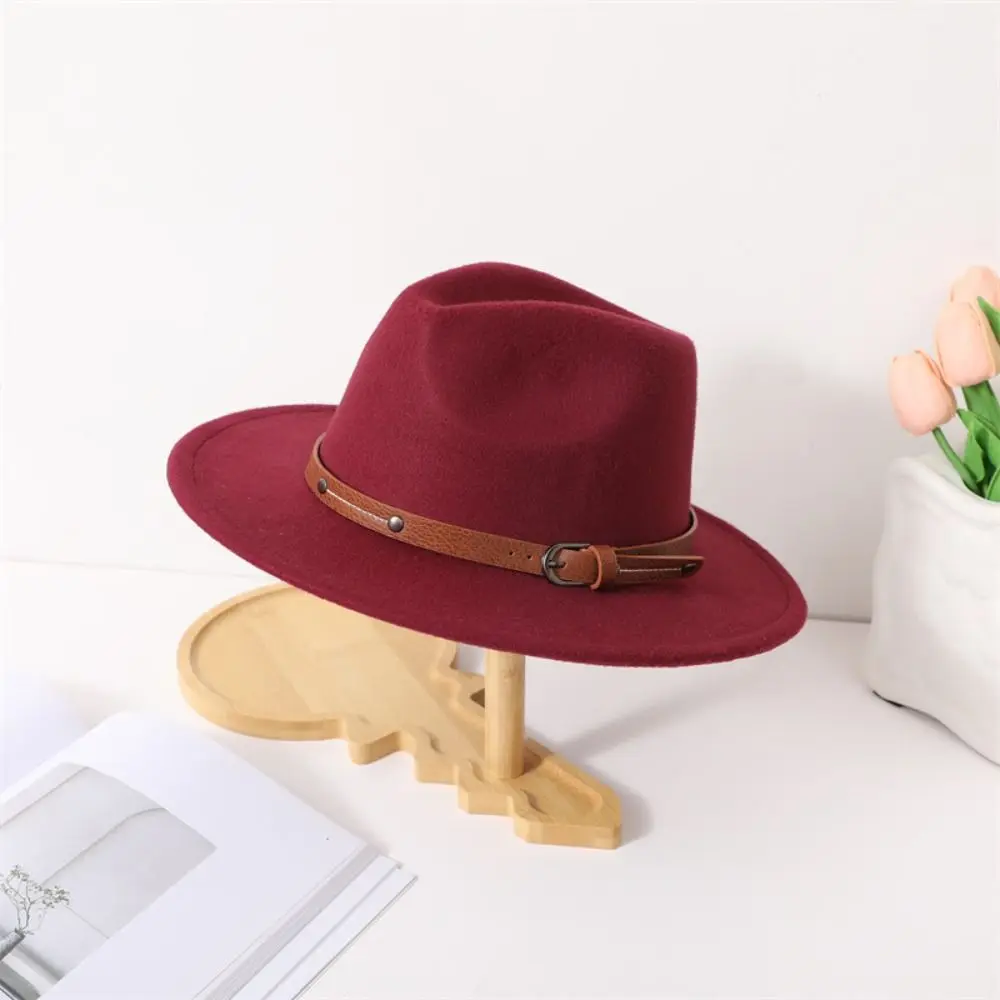 Fashion With Belt Buckle Felt Fedora Hats Vintage Wide Brim Panama Cap Elegant Soft Jazz Hat Men Women